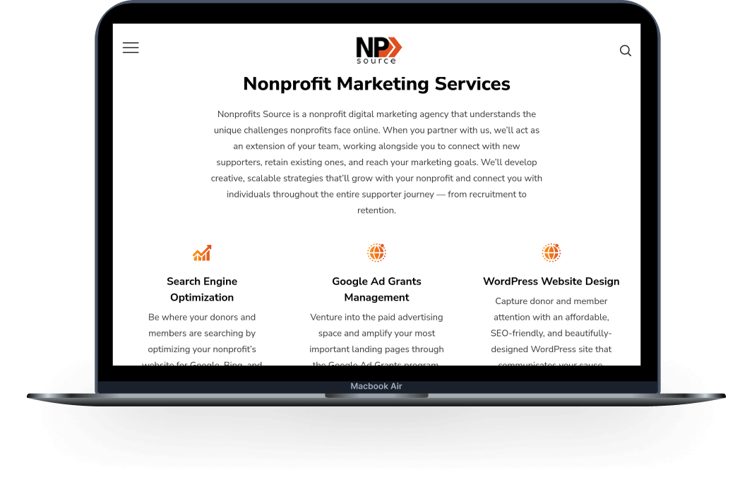 Screenshots of Nonprofits Source's homepage