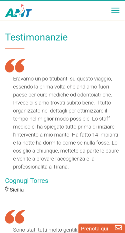 Mobile screenshot of the testimonials page