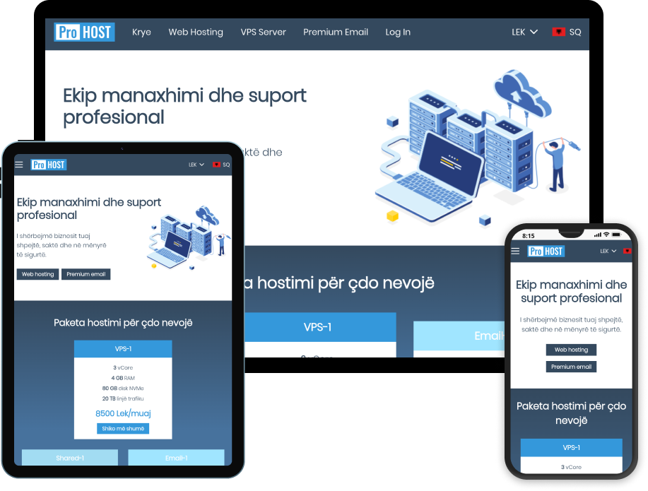 Faqja kryesore e website të ProHost përshtatet me çdo pajisje dhe madhësi ekrani.